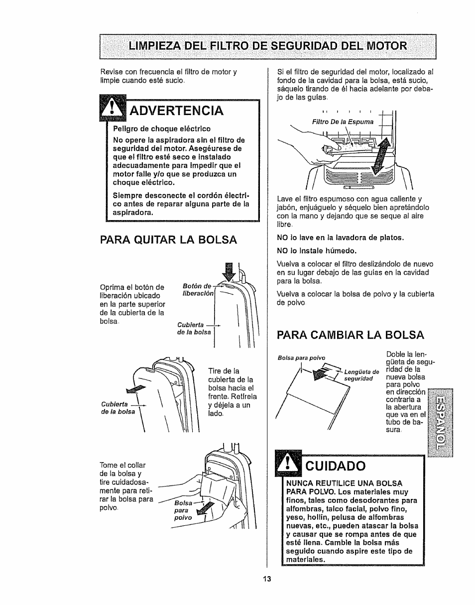 Para quitar la bolsa, Para cambiar la bolsa, Advertencia | Cuidado | Kenmore 116.32289 User Manual | Page 35 / 44