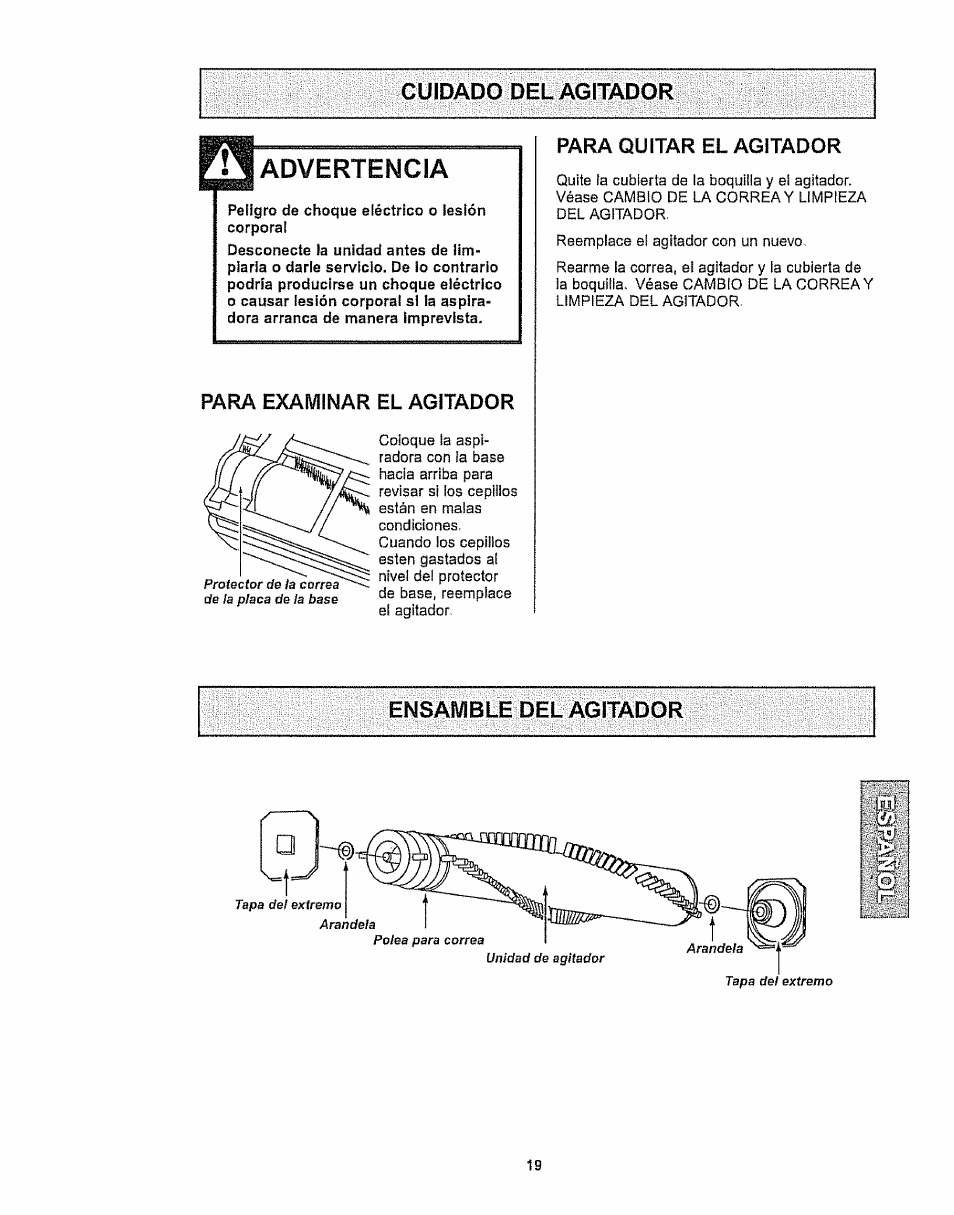 Rara examinar el agitador, Para quitar el agitador, Advertencia | Kenmore 116.32289 User Manual | Page 41 / 44