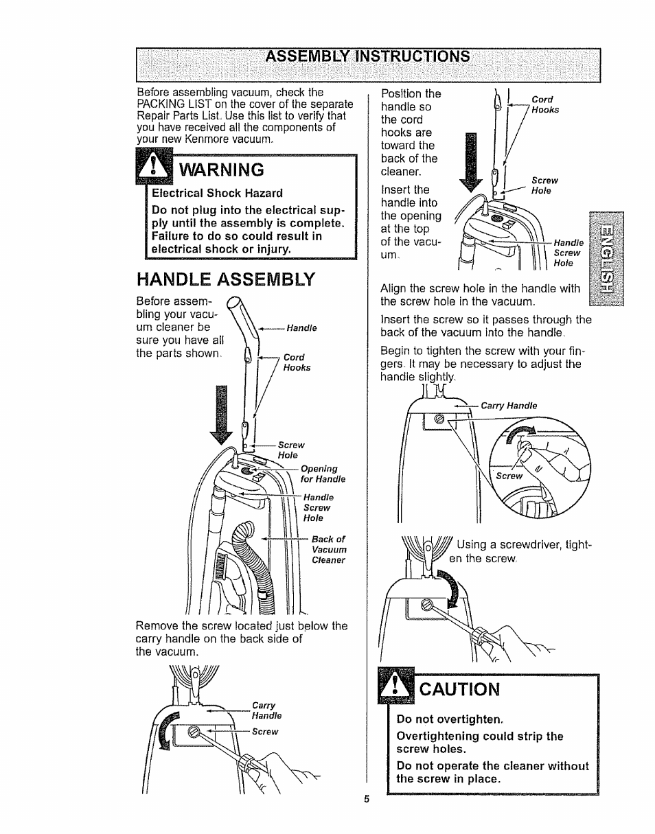 Warning, Handle assembly, Assembly bnstructions | Kenmore 116.32289 User Manual | Page 5 / 44