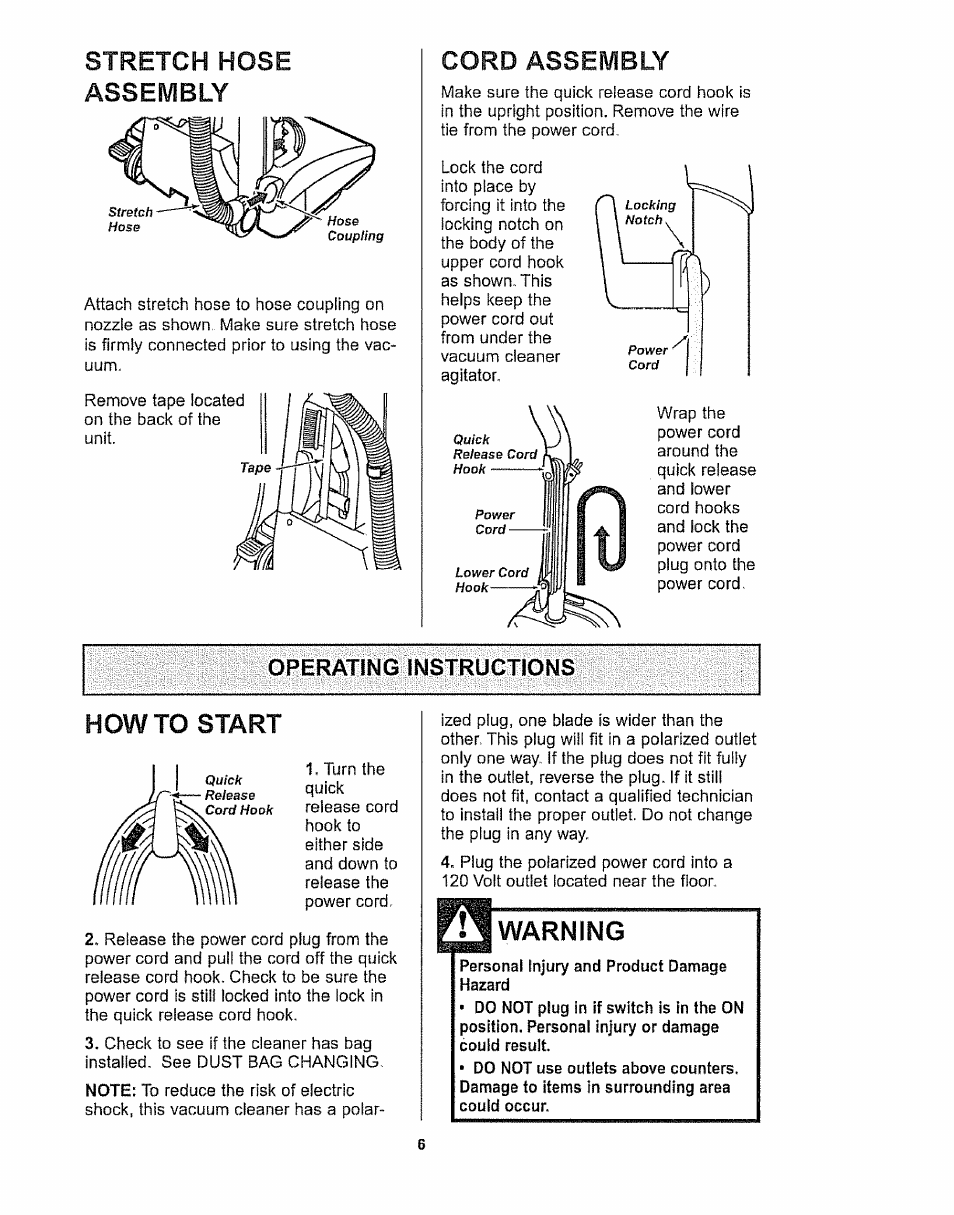 Stretch hose assembly, Cord assembly, Howto start | Warning | Kenmore 116.32289 User Manual | Page 6 / 44