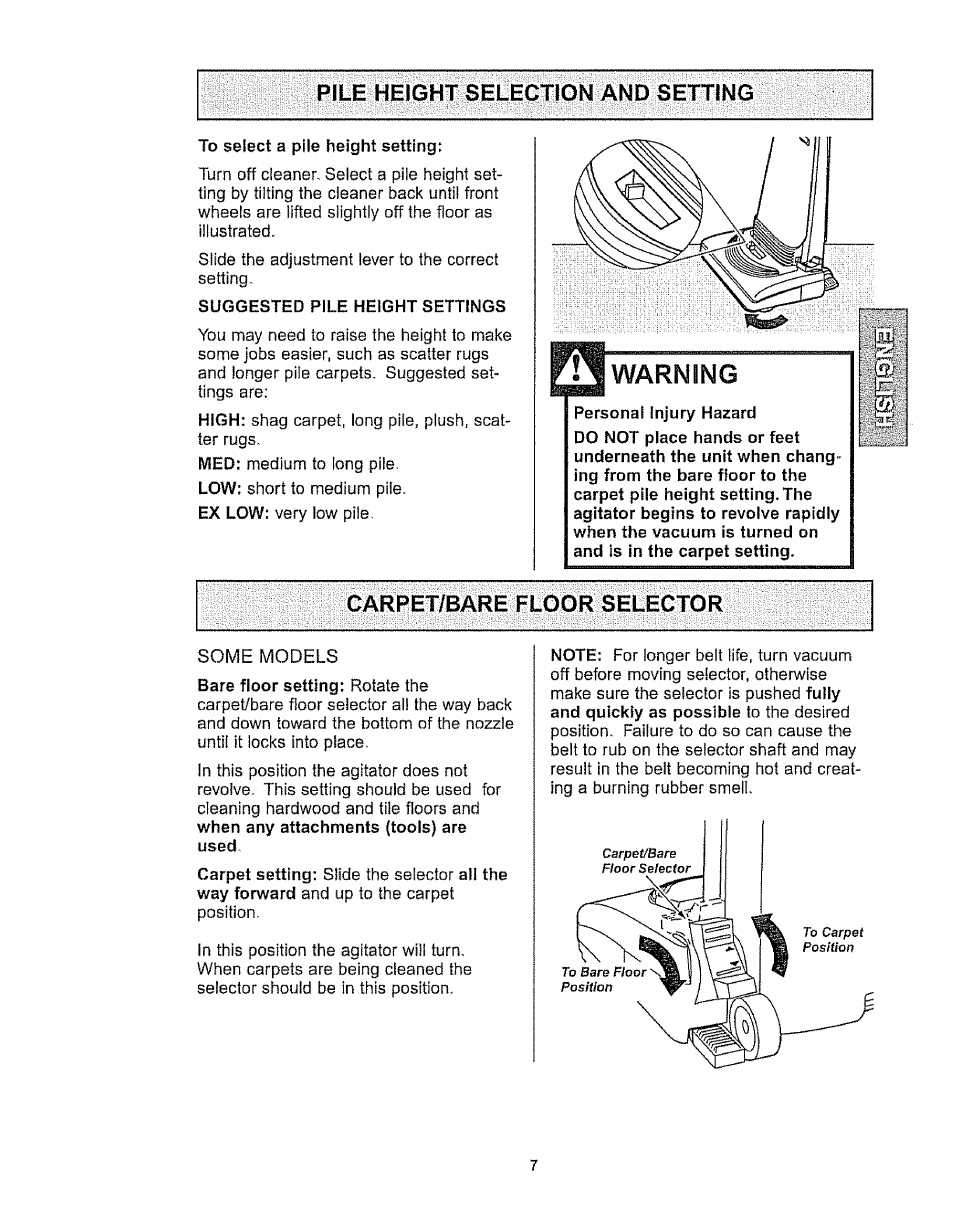 Pile height selection and setting, Carpet/bare floor selector, Warning | Kenmore 116.32289 User Manual | Page 7 / 44