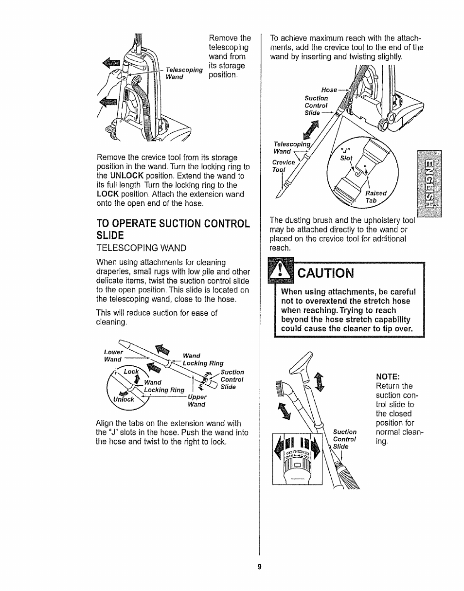 To operate suction control slide, Caution | Kenmore 116.32289 User Manual | Page 9 / 44