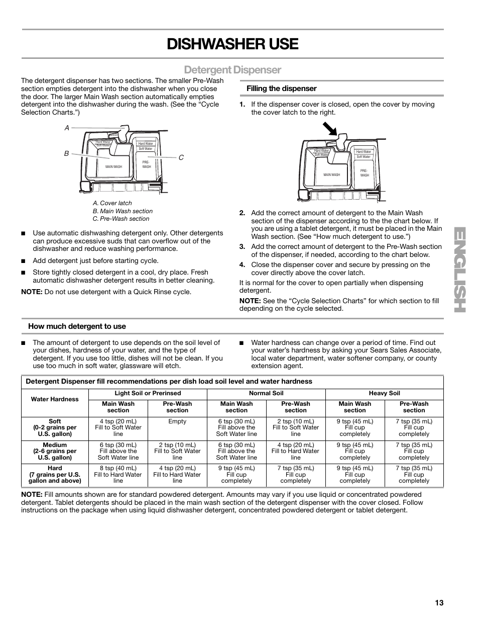 Dishwasher use, Detergent dispenser | Kenmore 665.1379 User Manual | Page 13 / 22