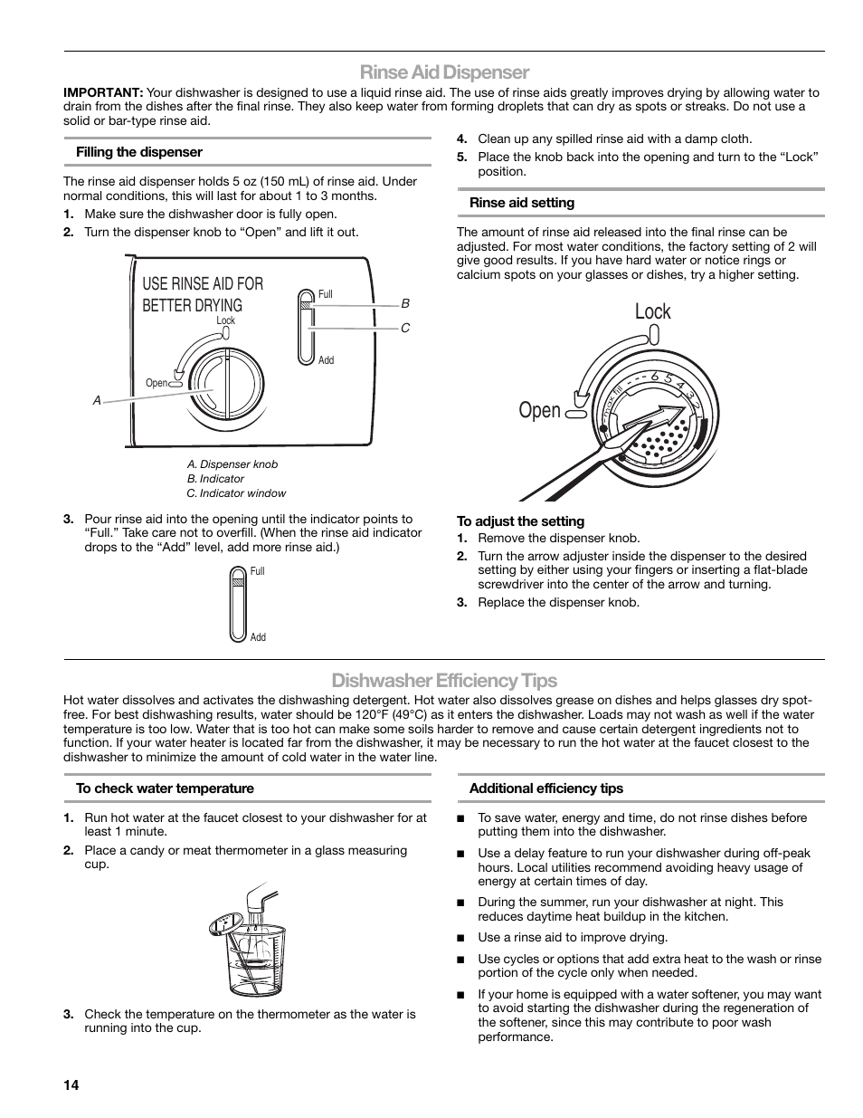 Lock open, Rinse aid dispenser, Dishwasher efficiency tips | Use rinse aid for better drying | Kenmore 665.1379 User Manual | Page 14 / 22