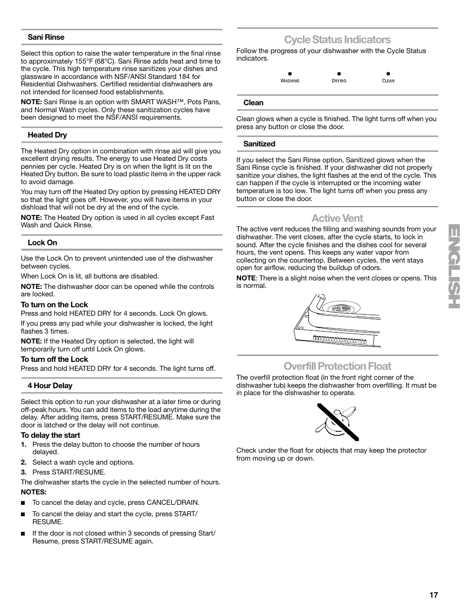 Cycle status indicators, Active vent, Overfill protection float | Kenmore 665.1379 User Manual | Page 17 / 22