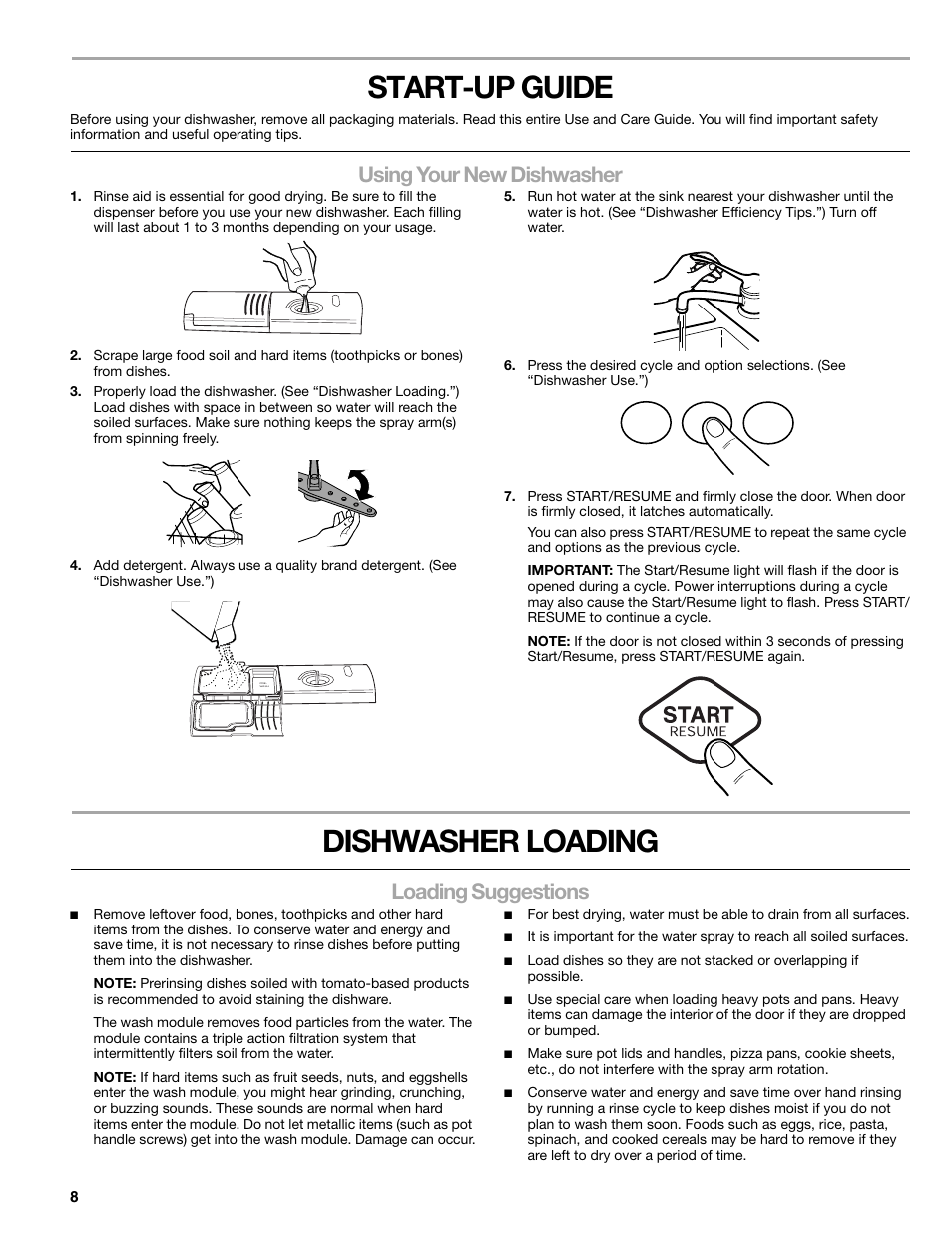 Start-up guide, Dishwasher loading, Using your new dishwasher | Loading suggestions | Kenmore 665.1379 User Manual | Page 8 / 22