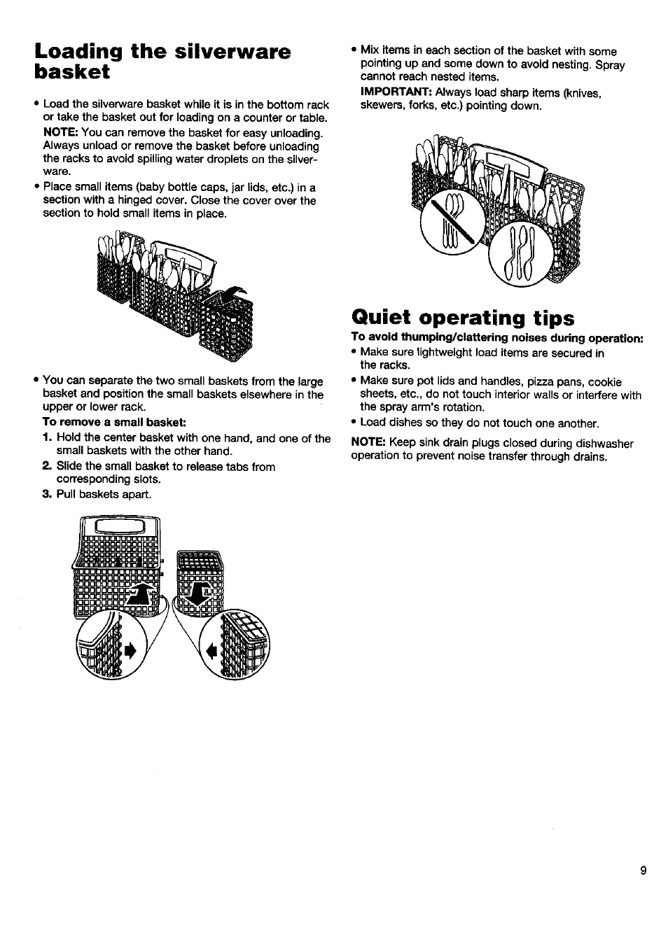 Loading the silverware basket, Quiet operating tips | Kenmore 15808 User Manual | Page 10 / 26