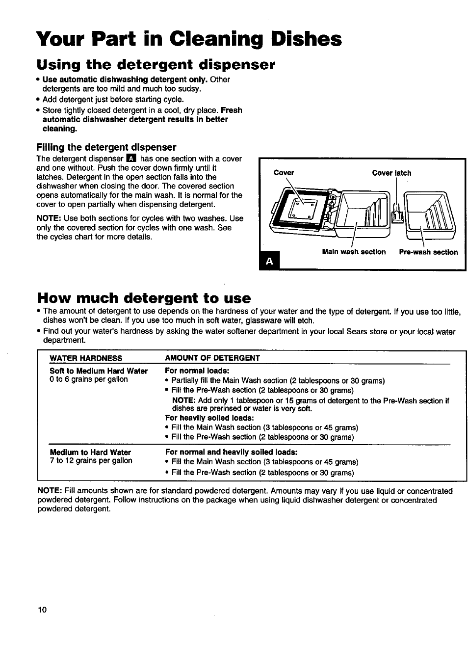 Your part in cleaning dishes, Using the detergent dispenser, How much detergent to use | Kenmore 15808 User Manual | Page 11 / 26