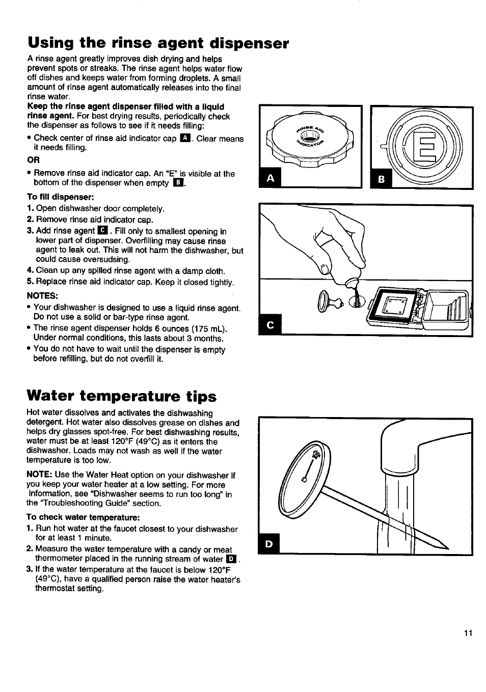 Using the rinse agent dispenser, Water temperature tips | Kenmore 15808 User Manual | Page 12 / 26