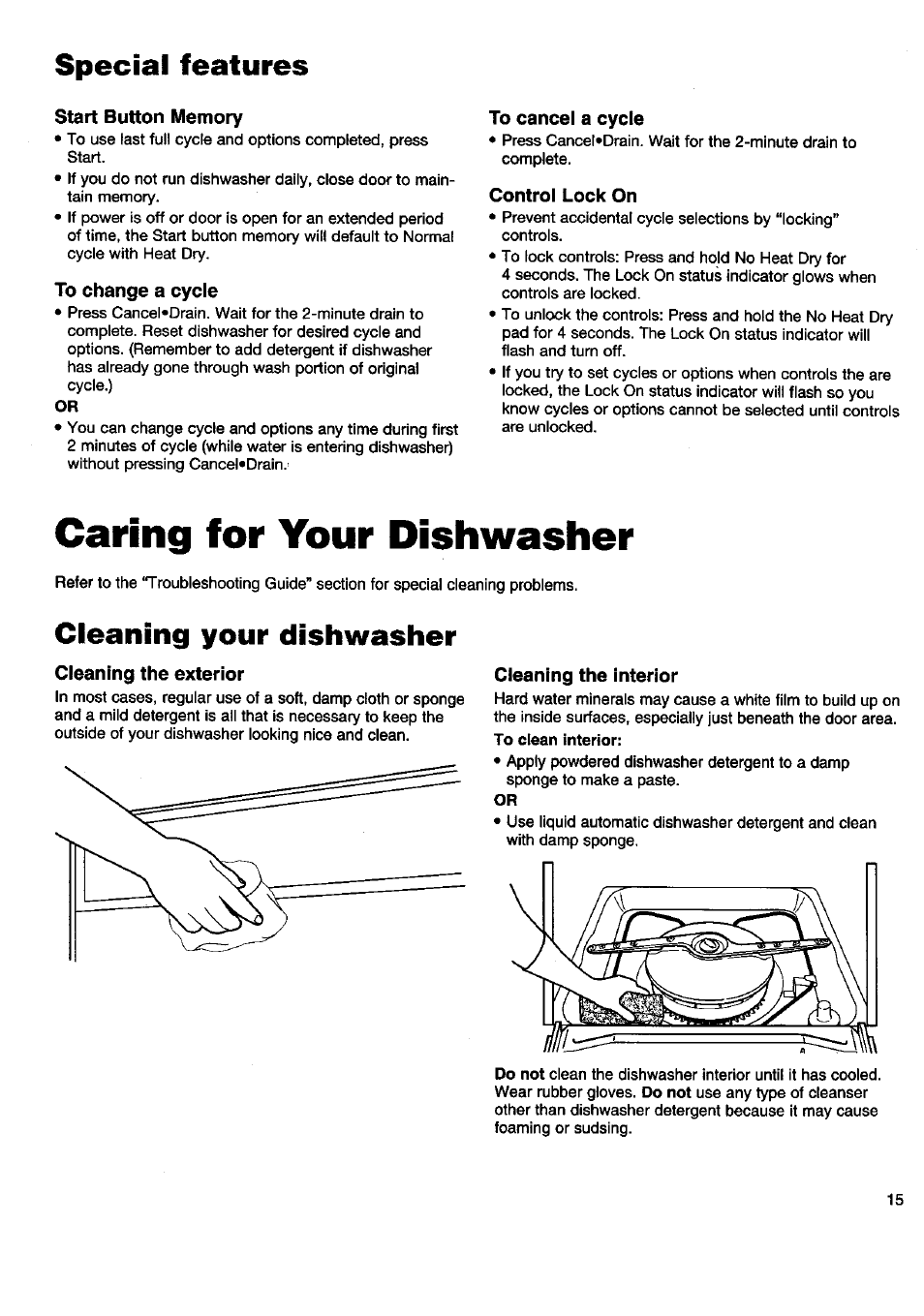 Special features, Caring for your dishwasher, Cleaning your dishwasher | Kenmore 15808 User Manual | Page 16 / 26