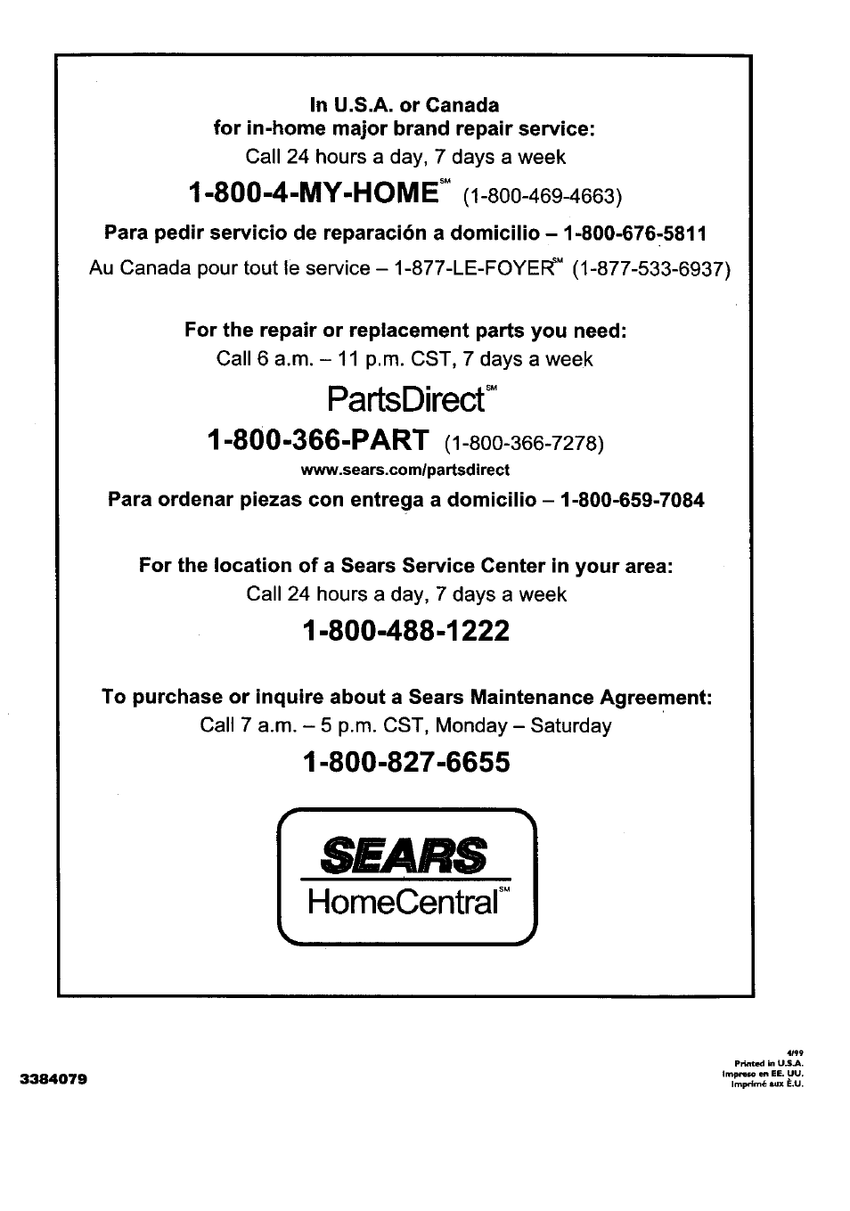 800-4-my-home, Partsdirect | Kenmore 15808 User Manual | Page 26 / 26