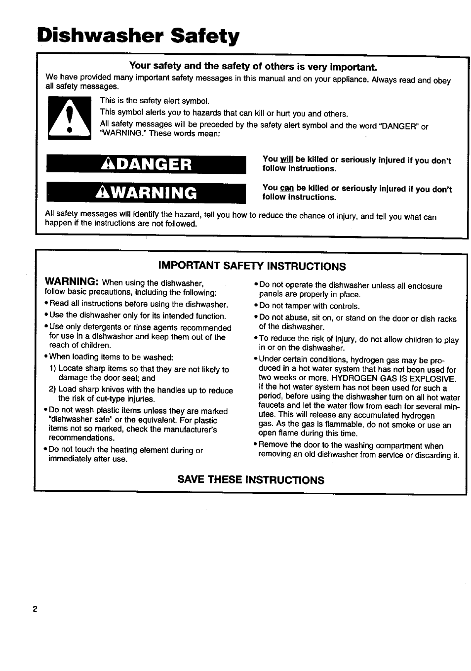 Dishwasher safety, Âdanger ^warning, Important safety instructions warning | Save these instructions | Kenmore 15808 User Manual | Page 3 / 26