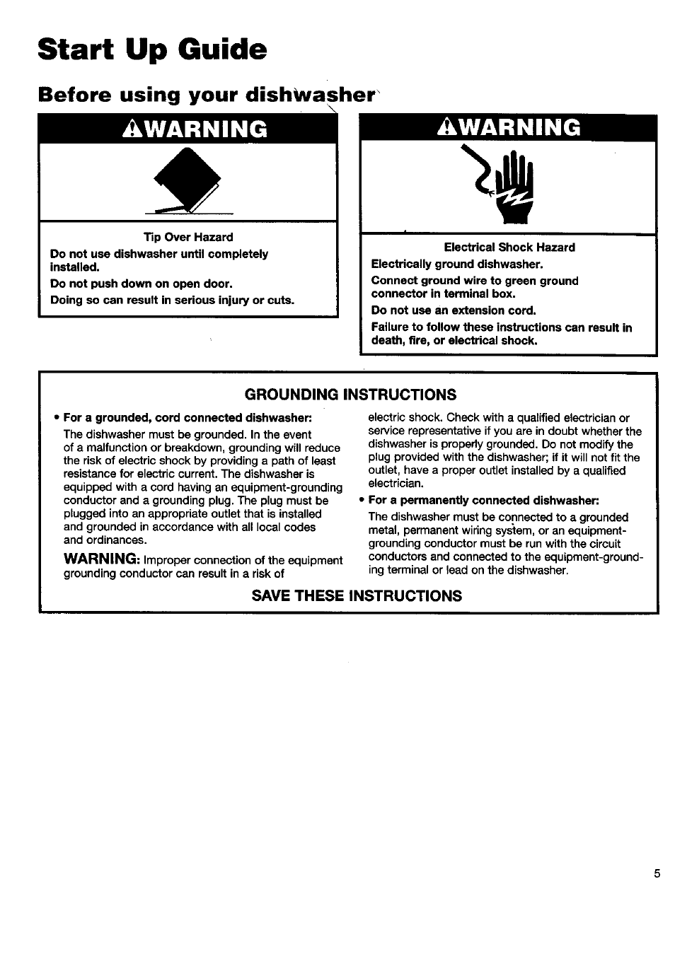 Start up guide, Before using your dishwasher, Awarning | Kenmore 15808 User Manual | Page 6 / 26