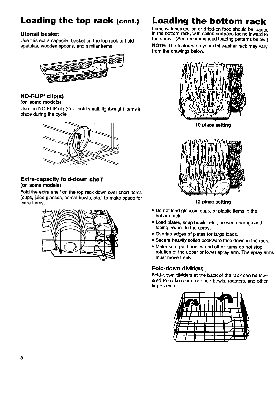 12 place setting, Loading the top rack, Loading the bottom rack | Cont.) | Kenmore 15808 User Manual | Page 9 / 26