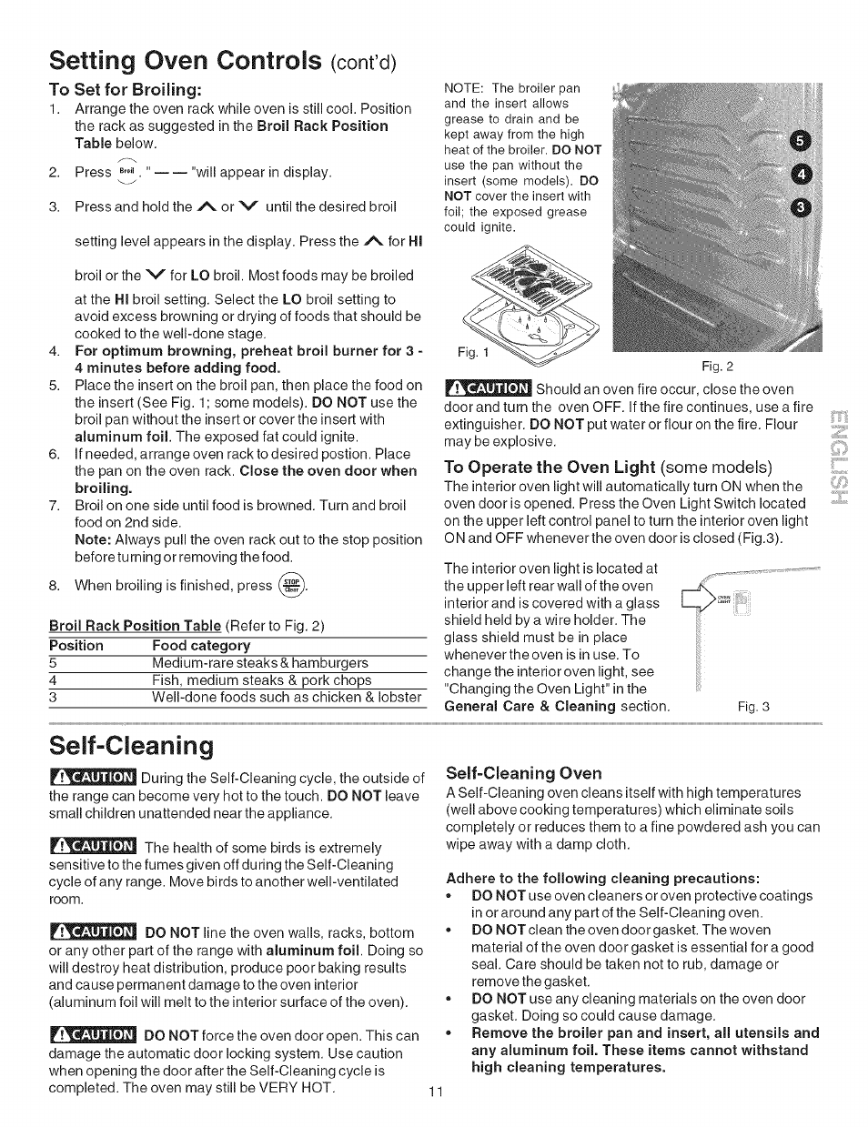 To set for broiling, To operate the oven light (some models), Self-cleaning | Self-cleaning oven, Setting oven controls, Cont’d) | Kenmore 7861* User Manual | Page 11 / 17