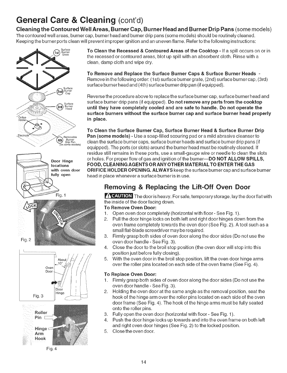 Removing & replacing the lift-off oven door, To replace oven door, General care & cleaning (confd) | Kenmore 7861* User Manual | Page 14 / 17