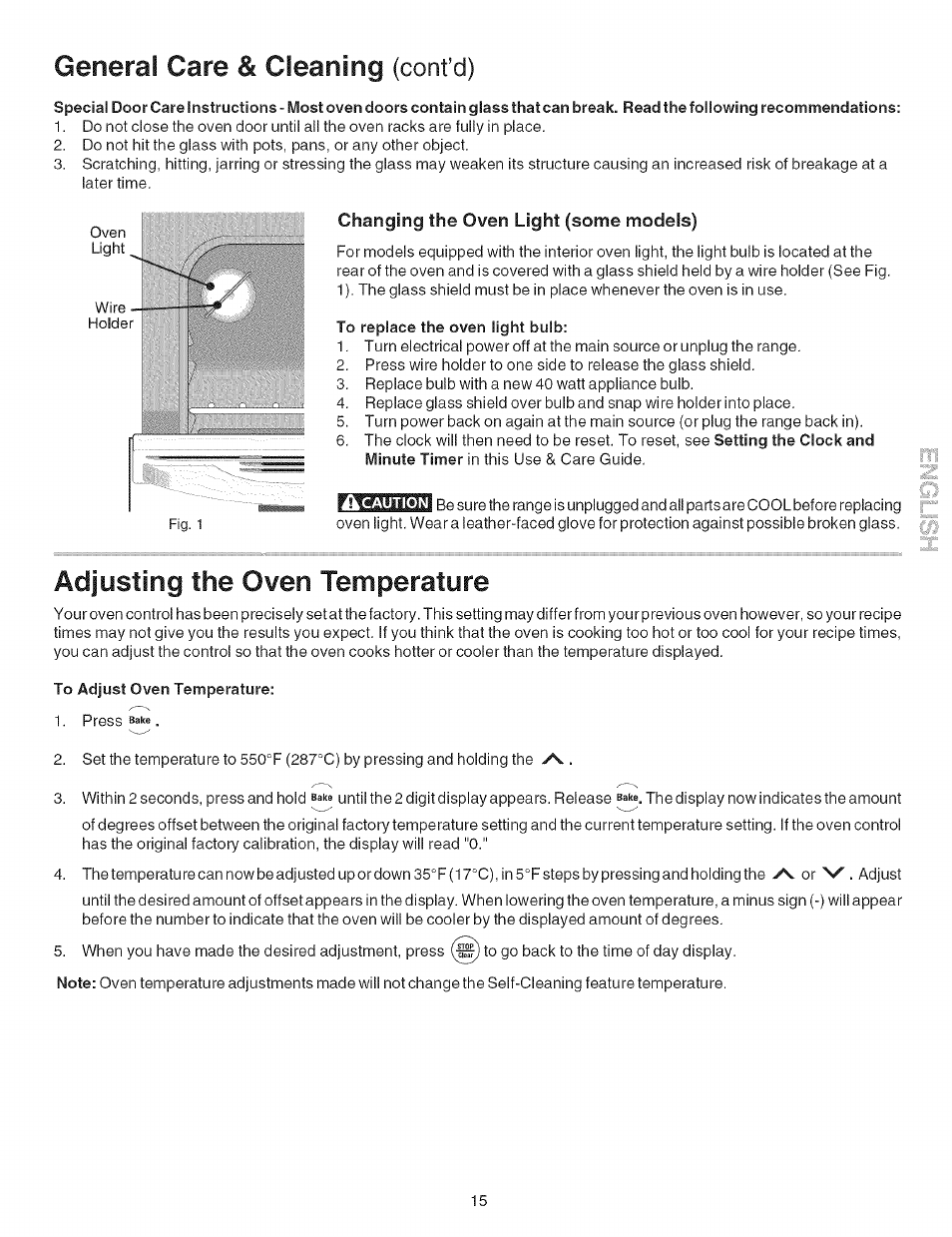 Changing the oven light (some models), To replace the oven light bulb, Adjusting the oven temperature | To adjust oven temperature, General care, Cleaning (cont’d) | Kenmore 7861* User Manual | Page 15 / 17