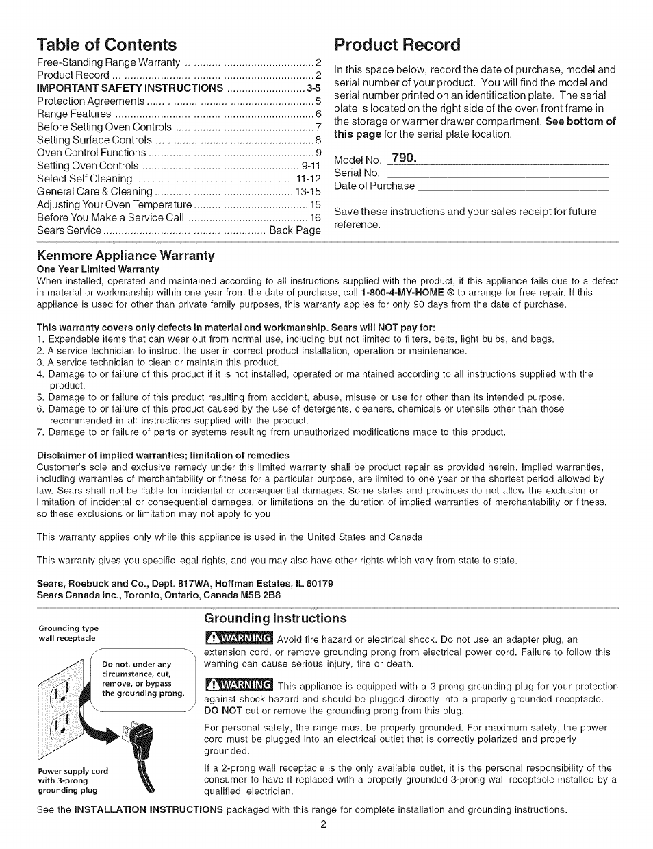 Table of contents product record, Ken more appliance warranty, Grounding instructions | Kenmore 7861* User Manual | Page 2 / 17