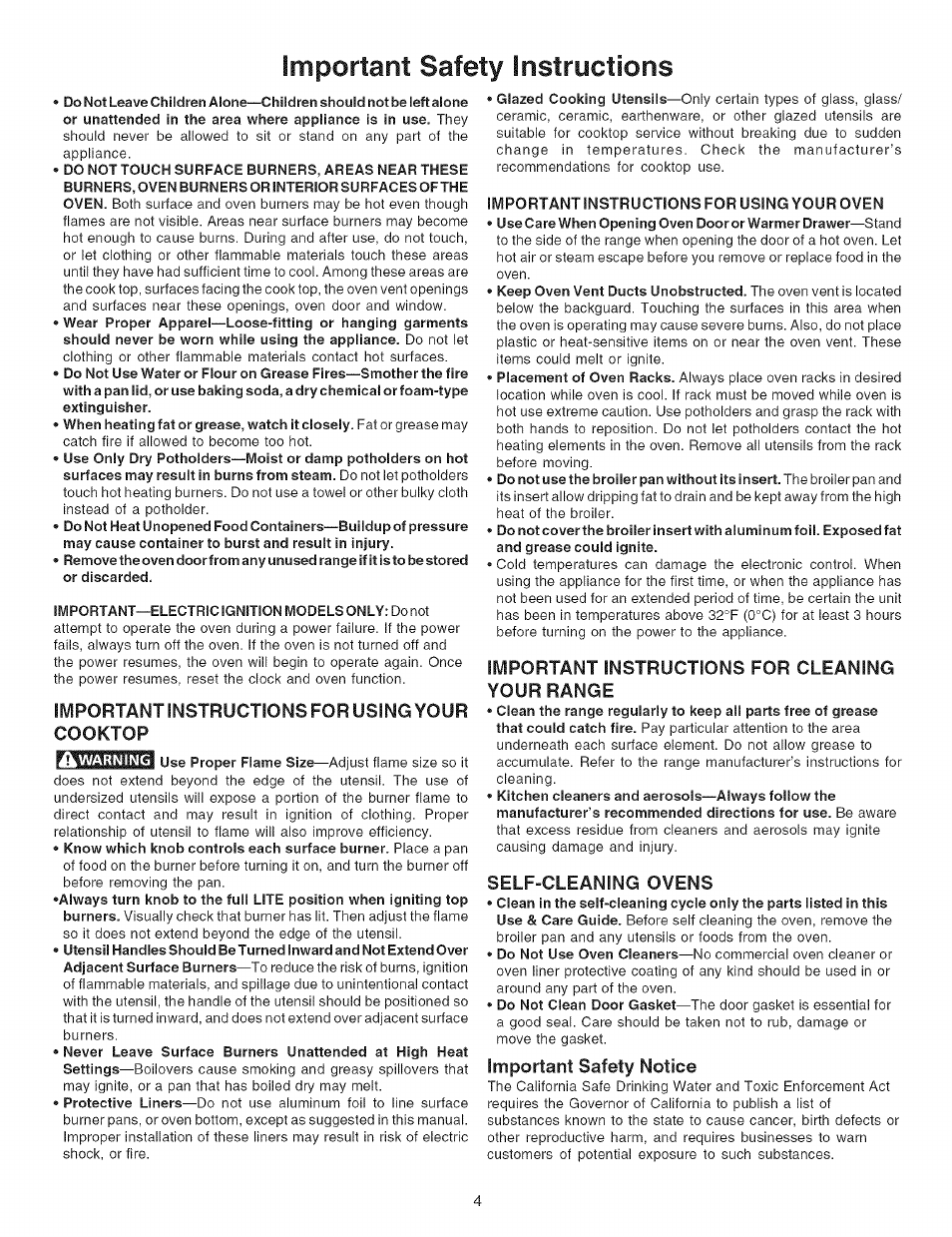 Important safety instructions, Important instructions for using your cooktop, Important instructions for cleaning your range | Self-cleaning ovens, Important safety notice | Kenmore 7861* User Manual | Page 4 / 17