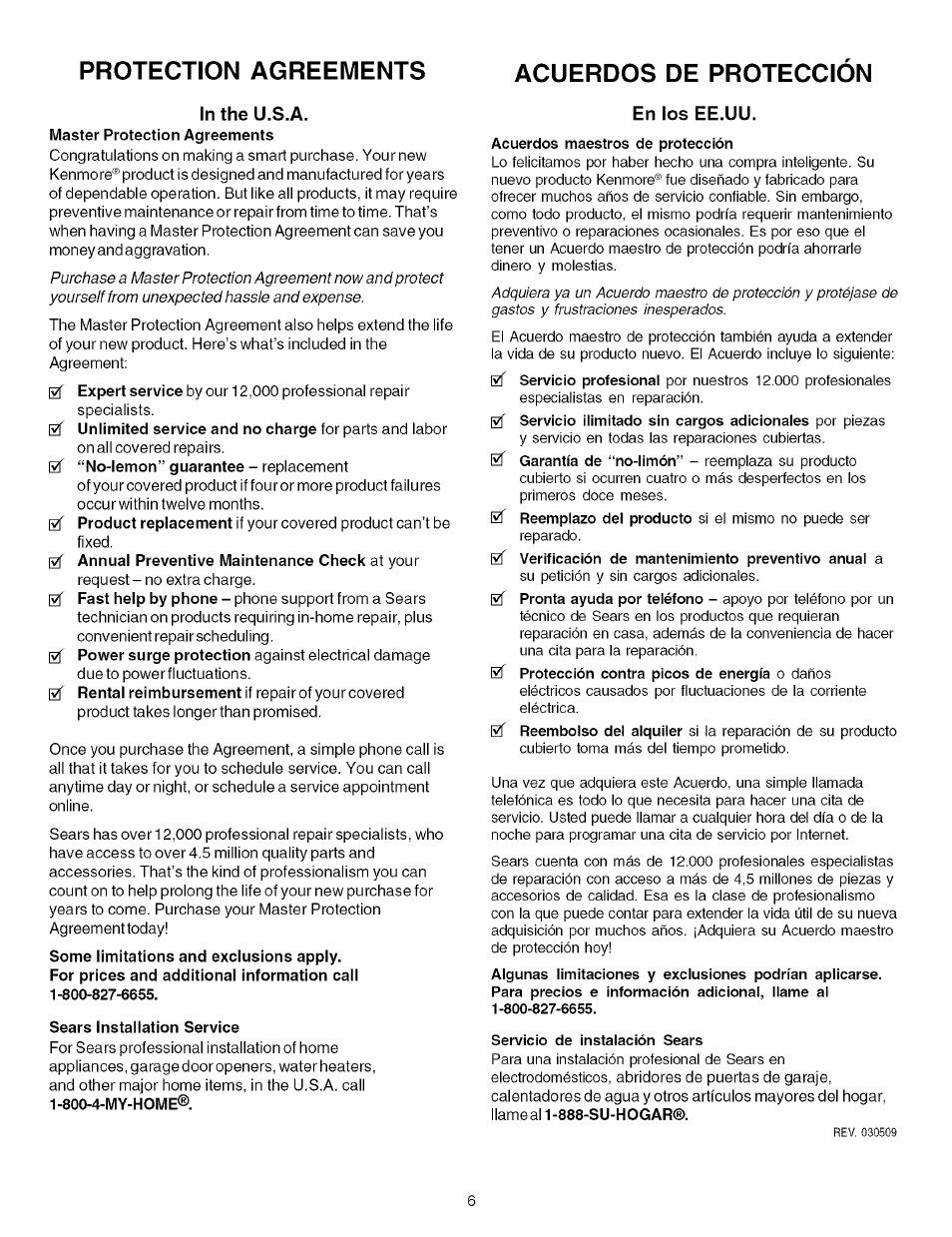 Protection agreements, Acuerdos de proteccion, Intheu.s.a | En los ee.uu, Protection agreements acuerdos de proteccion | Kenmore 7861* User Manual | Page 6 / 17