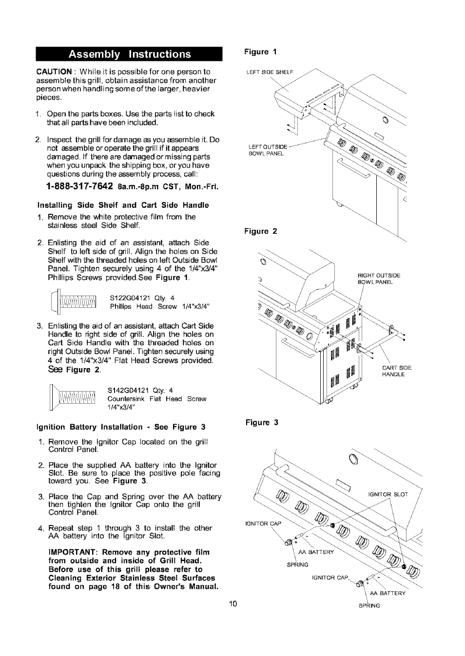 Installing side shelf and cart side handle, Ignition battery installation - see figure 3, Assembly instructions | Kenmore ELITE 141.17691 User Manual | Page 10 / 34