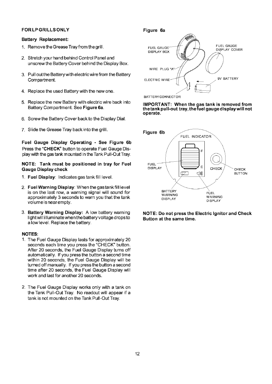 Battery replacement, Fuel gauge display operating - see figure 6b, Note: tank must be positioned in tray for fuel | Notes | Kenmore ELITE 141.17691 User Manual | Page 12 / 34