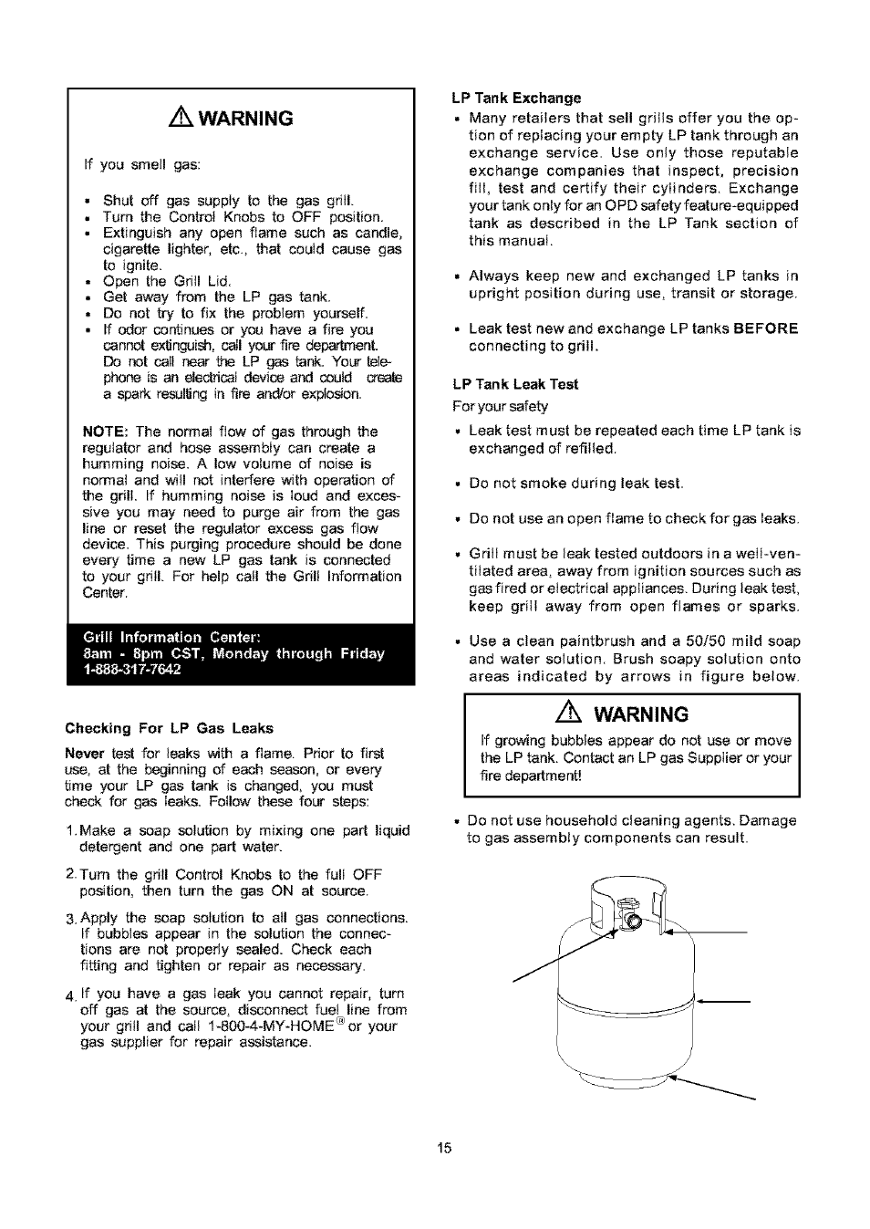 A warning, Grill information center, Checking for lp gas leaks | Lp tank exchange, Lp tank leak test, Warning | Kenmore ELITE 141.17691 User Manual | Page 15 / 34