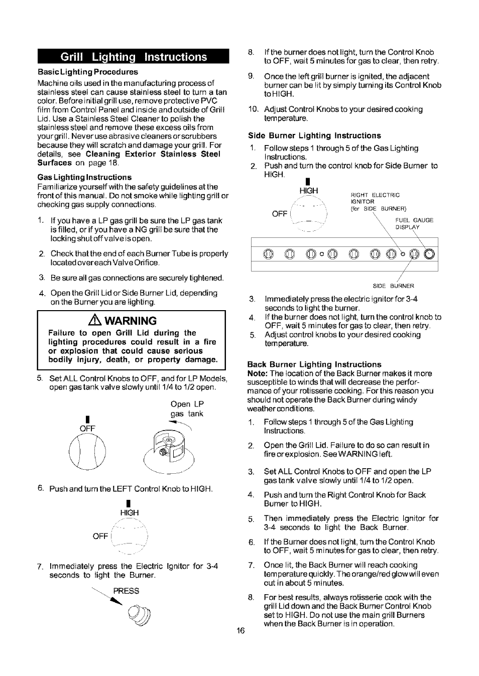 Grill lighting instructions, Side burner lighting instructions, Lighting | Instructions, Warning | Kenmore ELITE 141.17691 User Manual | Page 16 / 34