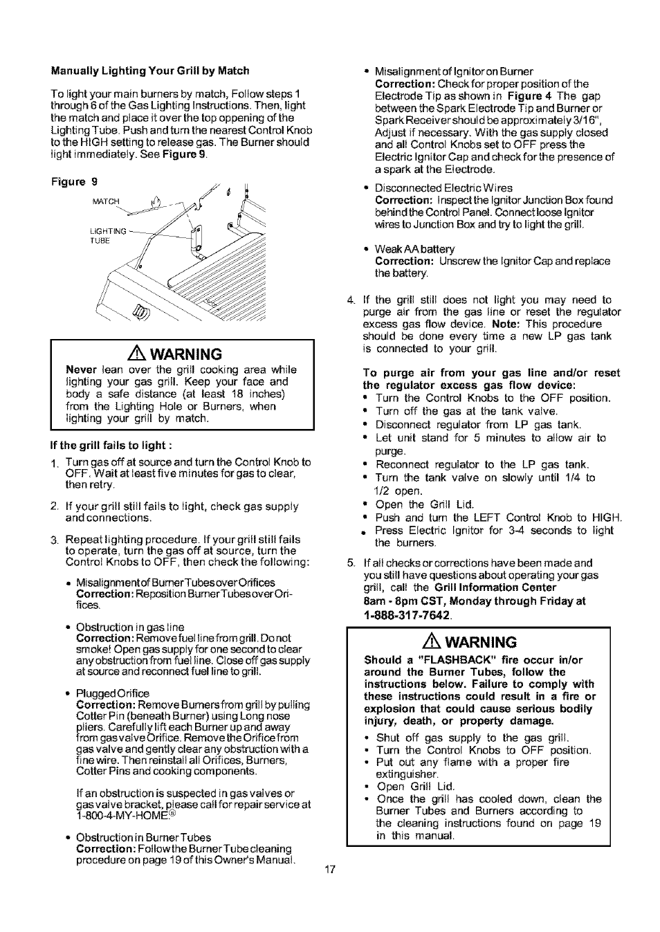 Manually lighting your orill by match, Figure 9, If the grill fails to light | A warning, Warning | Kenmore ELITE 141.17691 User Manual | Page 17 / 34