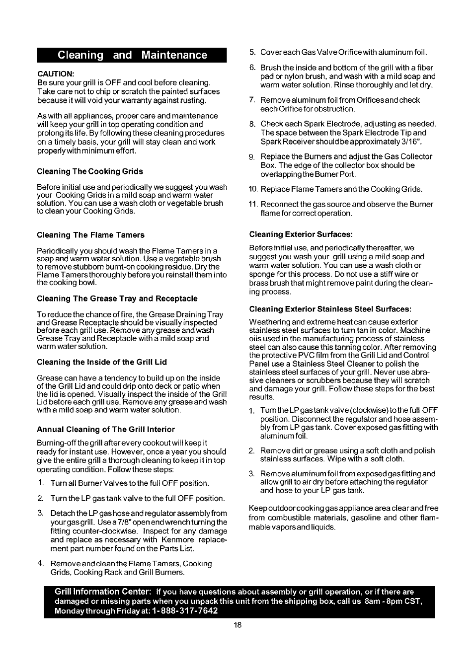 Cleaning and maintenance, Caution, Cleaning the cooking grids | Cleaning the flame tamers, Cleaning the grease tray and receptacle, Cleaning the inside of the grill lid, Annual cleaning of the grill interior, Cleaning exterior surfaces, Cleaning exterior stainless steel surfaces | Kenmore ELITE 141.17691 User Manual | Page 18 / 34