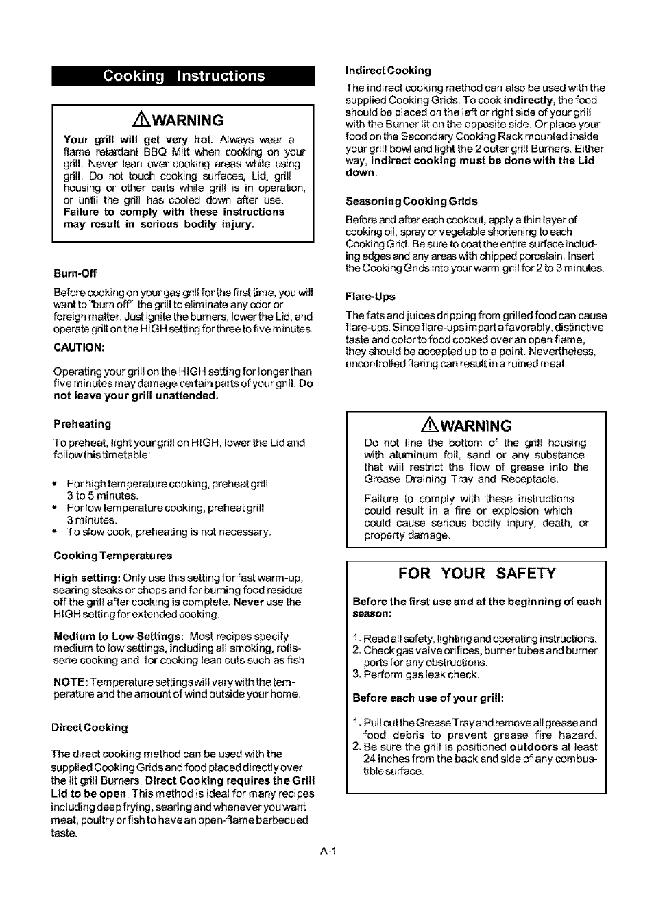 Cooking instructions, Bum-off, Caution | Preheating, Direct cooking, Indirect cooking, Seasoning cooking grids, Flare-ups, Cooking, Instructions...........................a-1 | Kenmore ELITE 141.17691 User Manual | Page 21 / 34