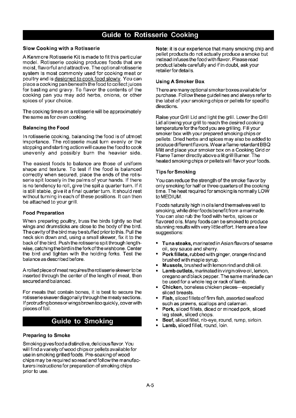 Guide to rôtisserie cooking, Slow cooking with a rôtisserie, Balancing the food | Food preparation, Guide to smoking, Preparing to smoke, Using a smoker box, Tipsforsmokirtg | Kenmore ELITE 141.17691 User Manual | Page 25 / 34