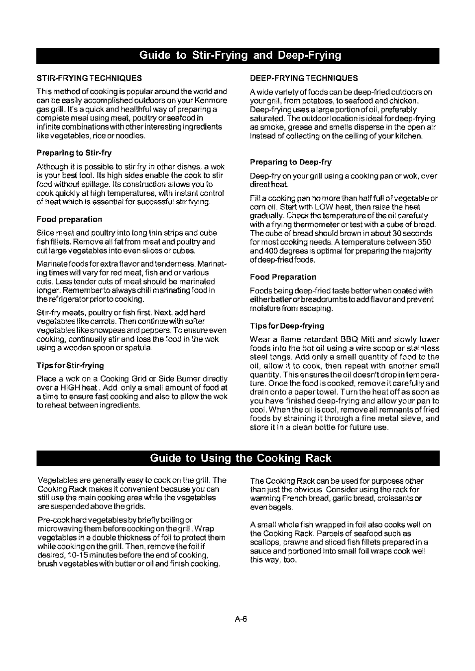 Guide to stir-frying and deep-frying, Stir-frying techniques, Preparing to stir-fry | Food preparation, Tipsforstir-frying, Deep-frying techniques, Preparing to deep-fry, T î ps fo r deep-fry i ng, Guide to using the cooking rack | Kenmore ELITE 141.17691 User Manual | Page 26 / 34