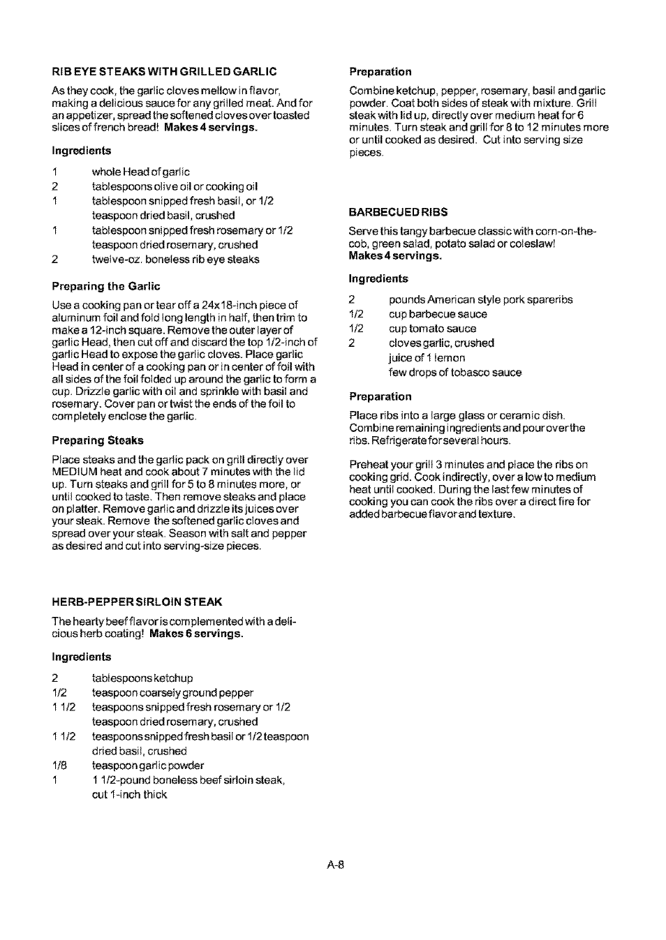 Ingmdients, Preparing steaks, Preparation | Herb-peppersirloin steak | Kenmore ELITE 141.17691 User Manual | Page 28 / 34