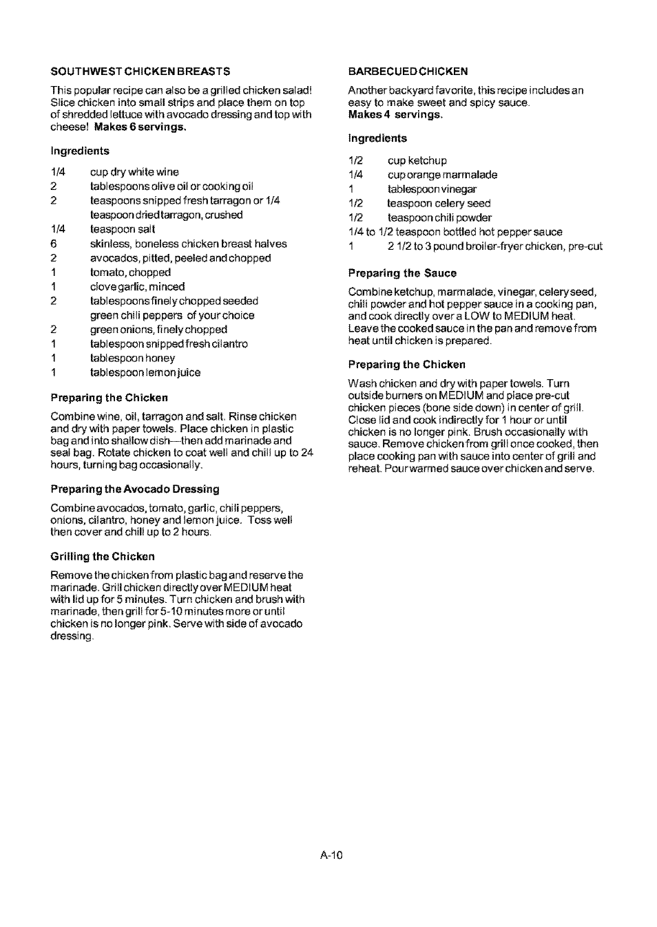 Southwest chicken breasts, Ingredients, Preparing the chicken | Preparing the avocado dressing, Griiiing the chicken, Barbecued chicken, Preparing the sauce | Kenmore ELITE 141.17691 User Manual | Page 30 / 34