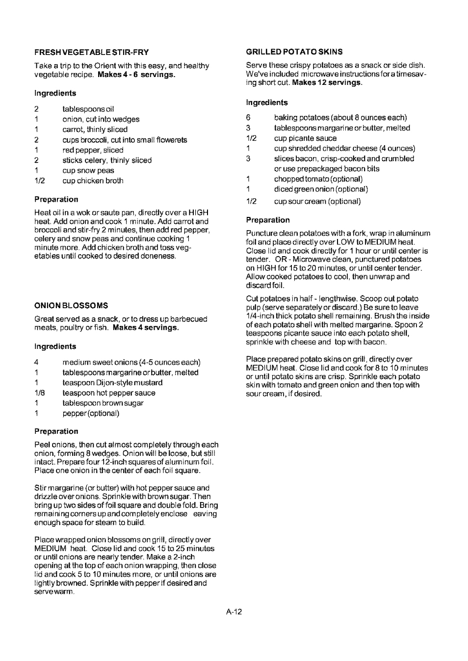 Fresh vegetable stir-fry, Grilled potato skins, Ingredients | Preparation, Onion blossoms | Kenmore ELITE 141.17691 User Manual | Page 32 / 34