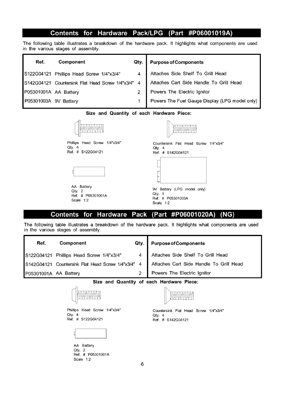 Contents for hardware pack/lpg (part #p06001019a), Contents for hardware pack (part #p06001020a) (ng) | Kenmore ELITE 141.17691 User Manual | Page 6 / 34