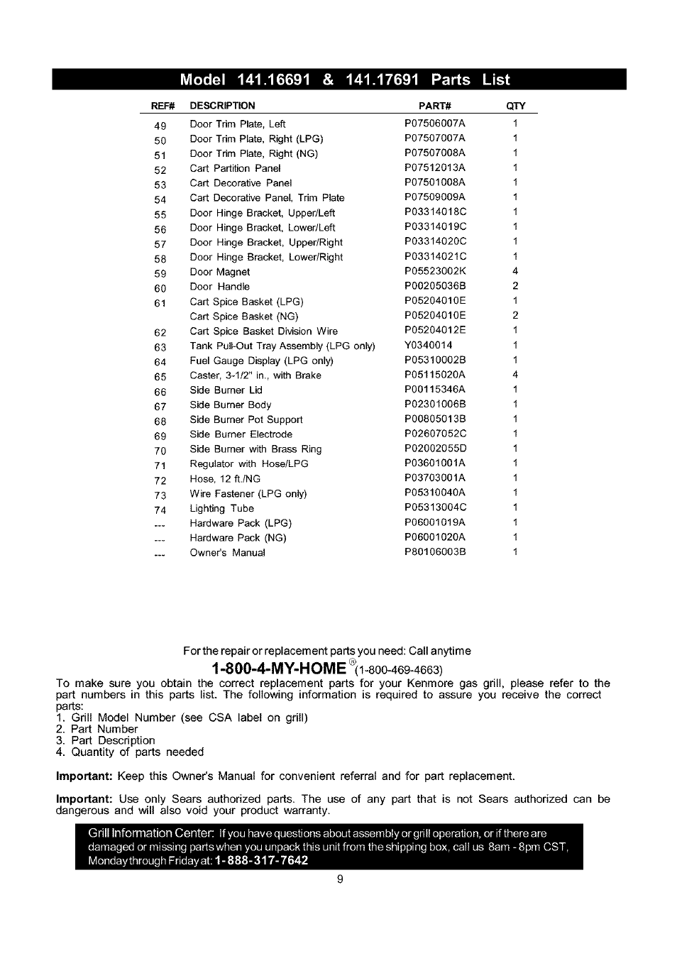 800-4-my-home | Kenmore ELITE 141.17691 User Manual | Page 9 / 34