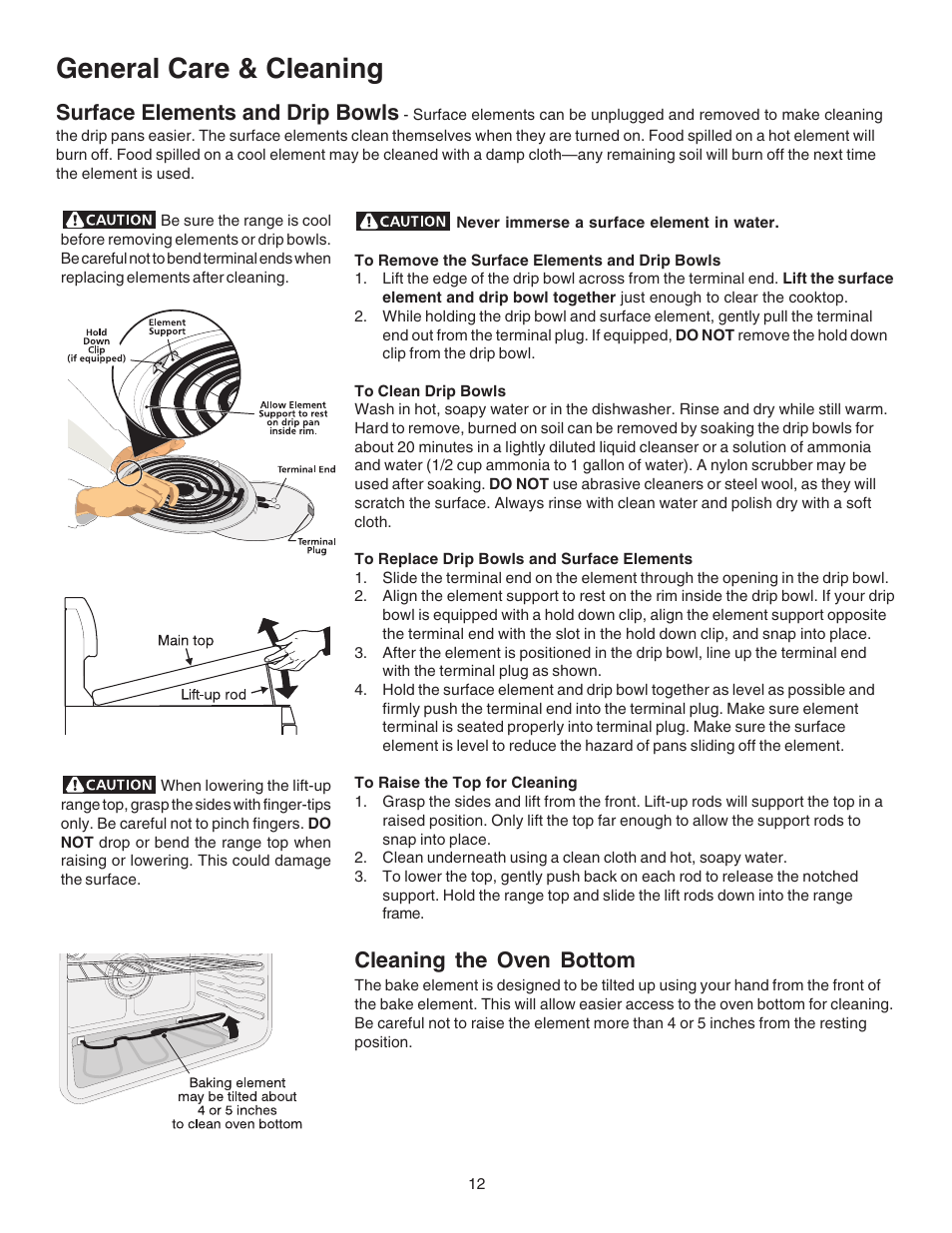 General care & cleaning, Surface elements and drip bowls, Cleaning the oven bottom | Kenmore 790.9104 User Manual | Page 12 / 16