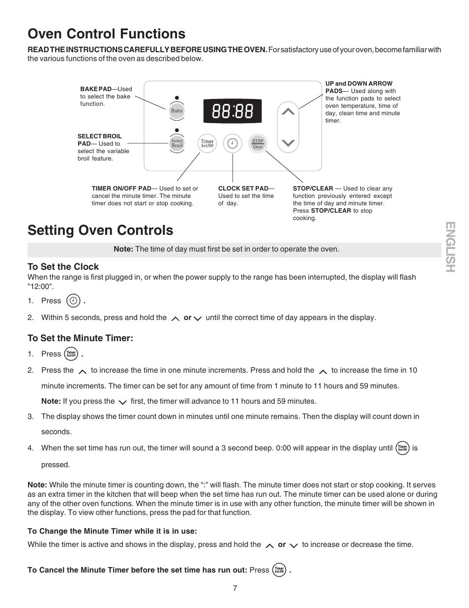 Setting oven controls, Oven control functions, English | Kenmore 790.9104 User Manual | Page 7 / 16