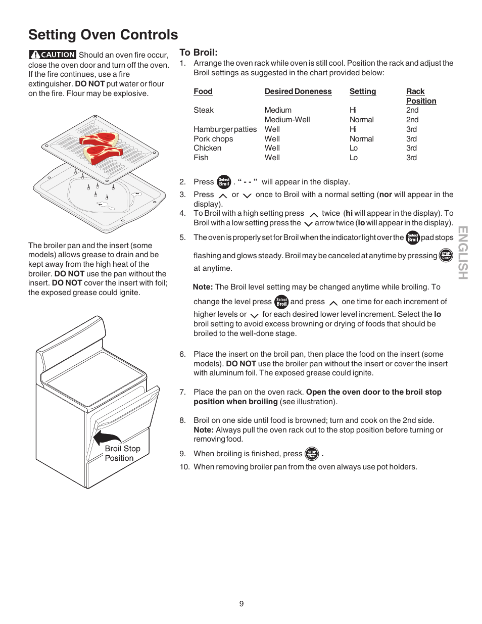 Setting oven controls, English | Kenmore 790.9104 User Manual | Page 9 / 16