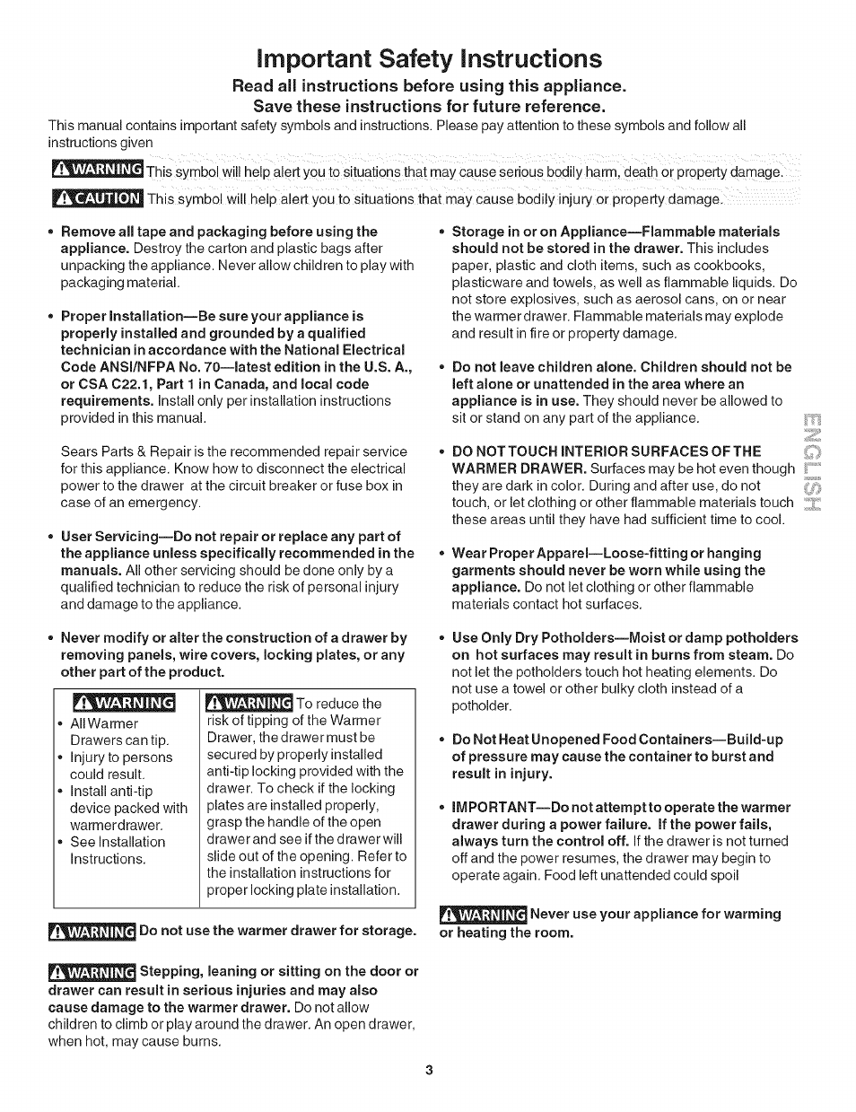 Important safety instructions, Do not use the warmer drawer for storage | Kenmore 790.492 User Manual | Page 3 / 10