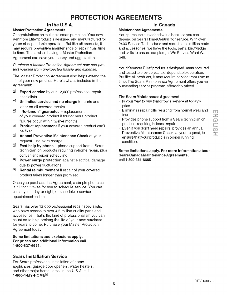 In canada, Some limitations and exclusions apply, Sears installation service | The sears maintenance agreement, Protection agreements | Kenmore 790.492 User Manual | Page 5 / 10