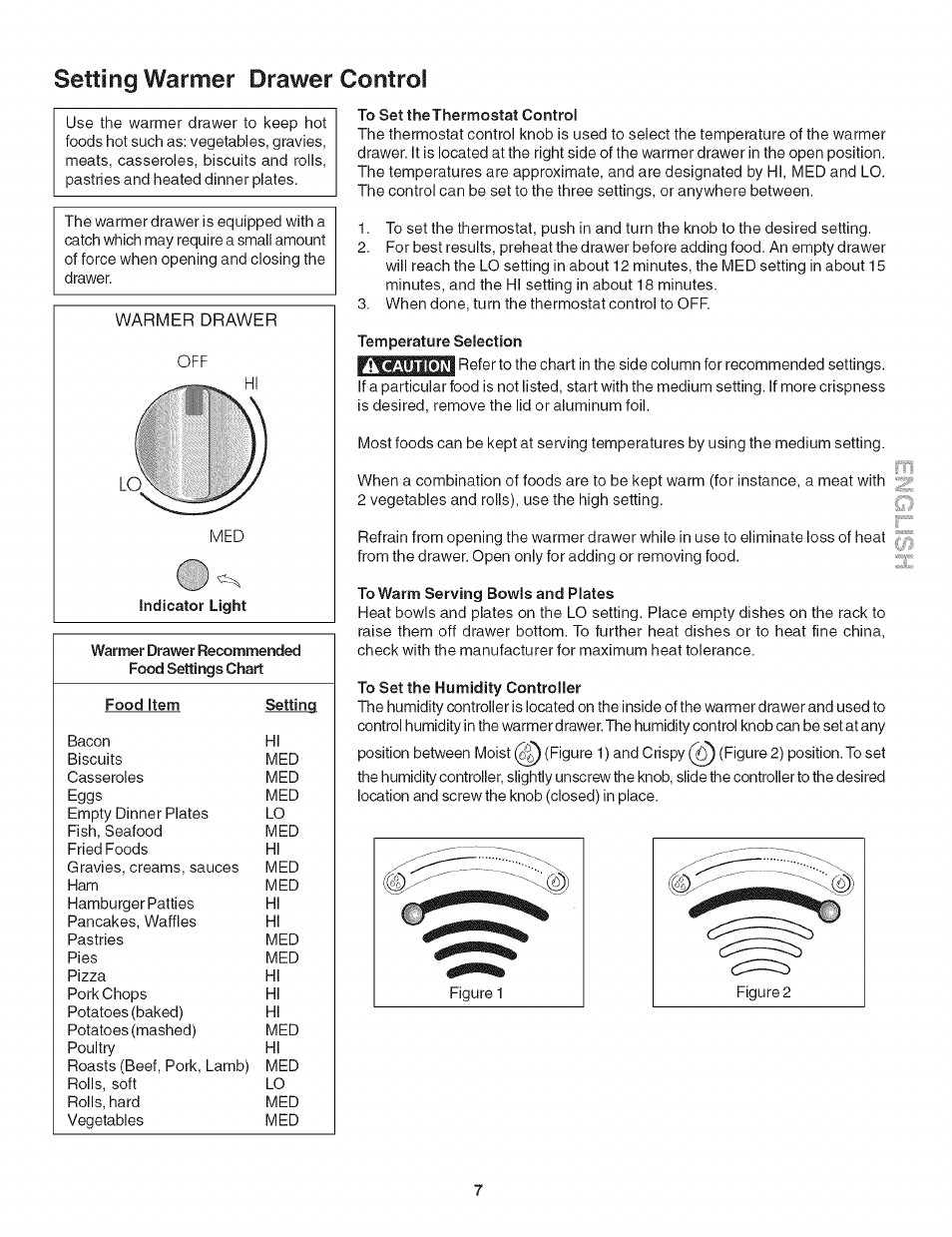 To set the thermostat control, Temperature selection, To warm serving bowls and plates | To set the humidity controller, Setting warmer drawer control | Kenmore 790.492 User Manual | Page 7 / 10