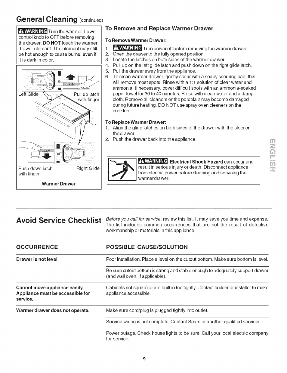 Warmer drawer, To remove and replace warmer drawer, To remove warmer drawer | To replace warmer drawer, Avoid service checklist, Generai cleaning | Kenmore 790.492 User Manual | Page 9 / 10