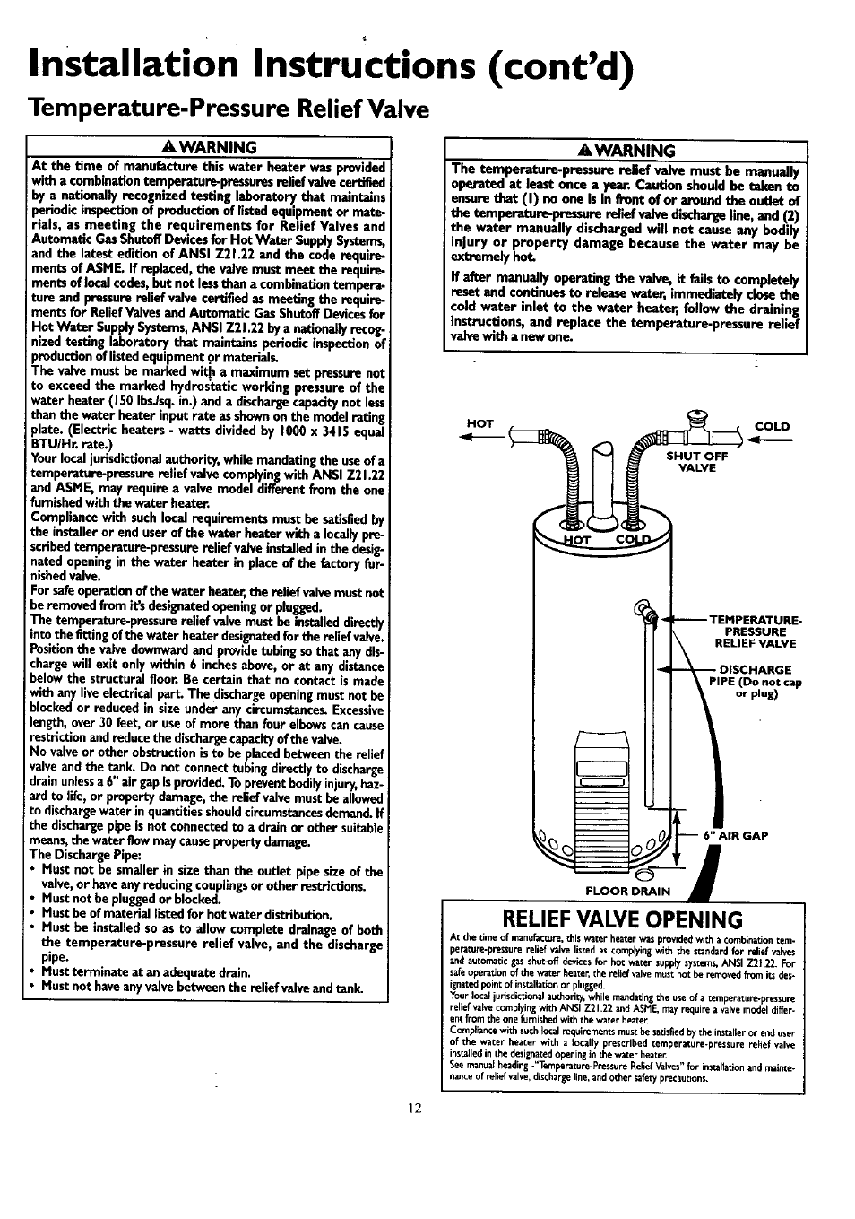 Installation instructions (cont’d), Temperature-pressure relief valve, A warning | Awarning, Temperature-pressure relief valve..... .........i, Relief valve opening | Kenmore POWER MISER 153.330751 User Manual | Page 12 / 28