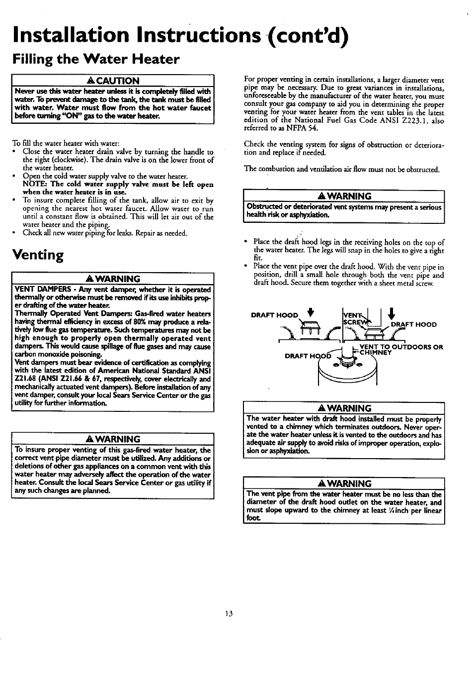 Installation instructions (cont’d), Filling the water heater, A caution | Venting, Awarning, Venting -14 | Kenmore POWER MISER 153.330751 User Manual | Page 13 / 28