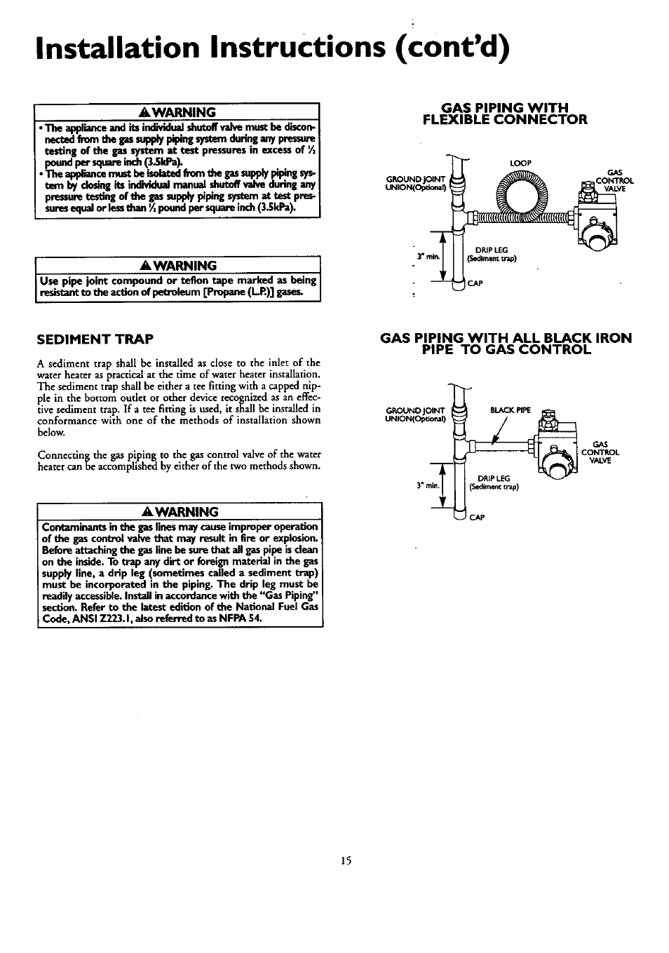 Awarning, Gas piping with flexible connector, Sediment trap | Gas piping with all black iron pipe to gas control, Installation instructions (contad) | Kenmore POWER MISER 153.330751 User Manual | Page 15 / 28