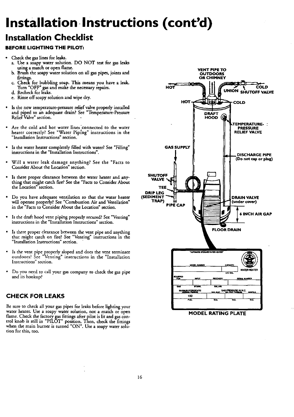 Installation checklist, Check for leaks, Installation instructions (cont’d) | Kenmore POWER MISER 153.330751 User Manual | Page 16 / 28