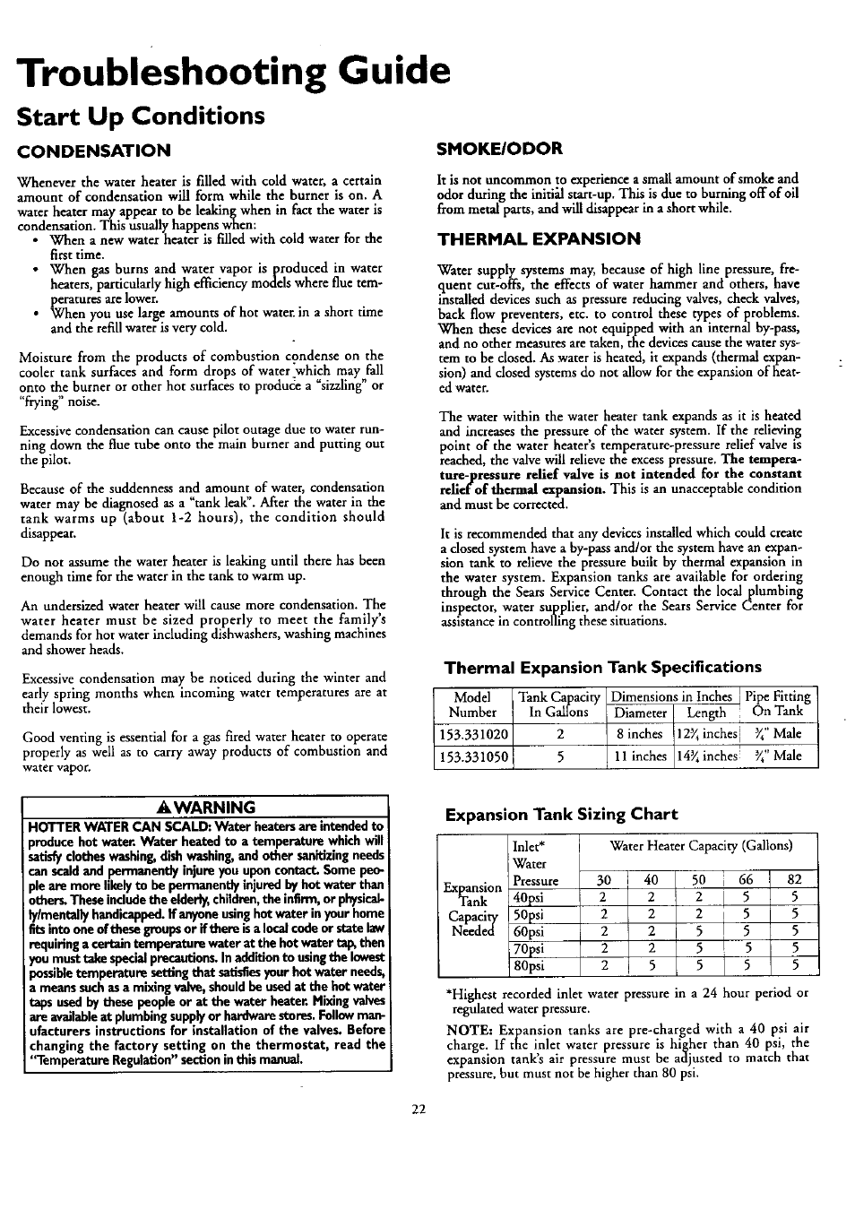 Start up conditions, Condensation, Smoke/odor | Thermal expansion, Thermal expansion -23, Troubleshooting guide | Kenmore POWER MISER 153.330751 User Manual | Page 22 / 28